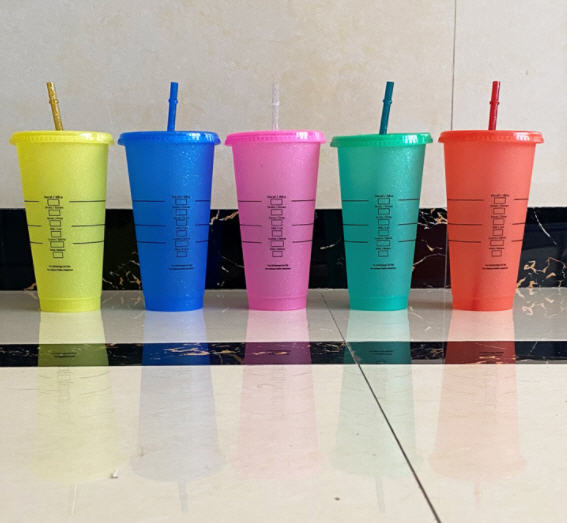 แก้วพลาสติก,แก้วพลาสติกพร้อมหลอด,แก้วเปลี่ยนสี,มีกากเพชร,710ml