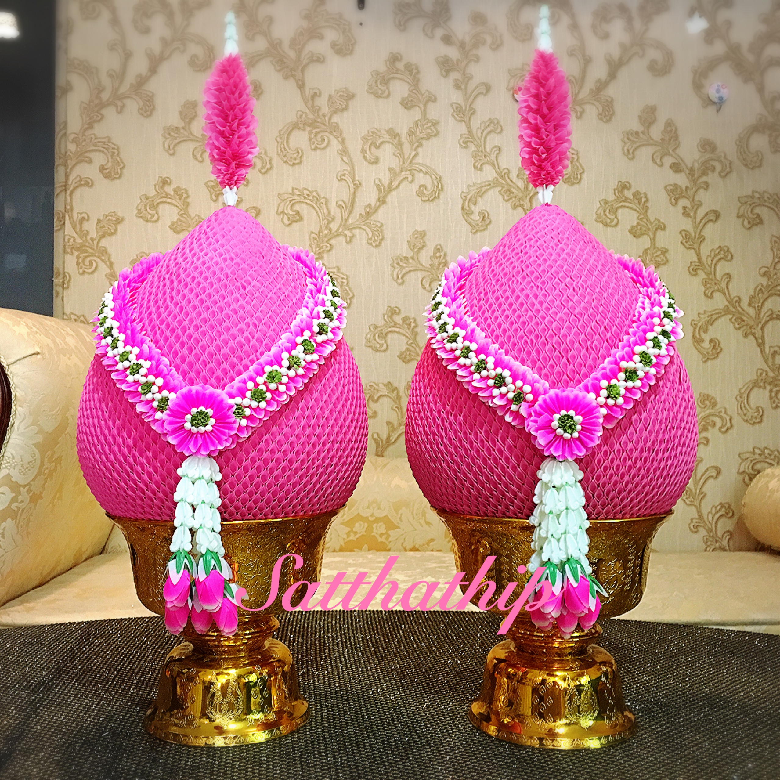 พานพุ่มผ้า สีชมพู - พานพุ่ม สีชมพู - พานพุ่มสักการะ สีชมพู - Phan bush