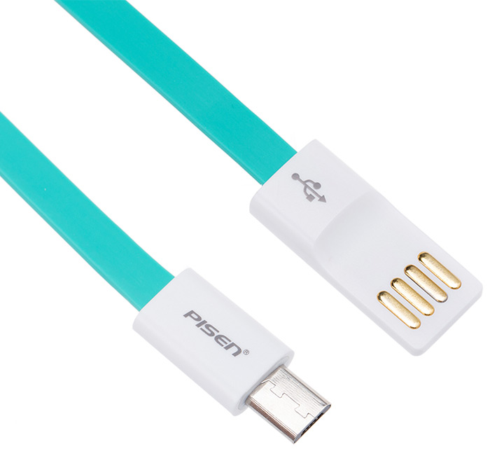 PISEN สายชาร์จ Micro USB Noodle Data Transmit and Charging Cable ยาว 800 mm อุปกรณ์สำหรับรีชาร์จและซิงค์เพื่อโอนถ่ายข้อมูลแบบ 2-in-1 USB 2.0 แรงดันสูง - สีฟ้าเขียว