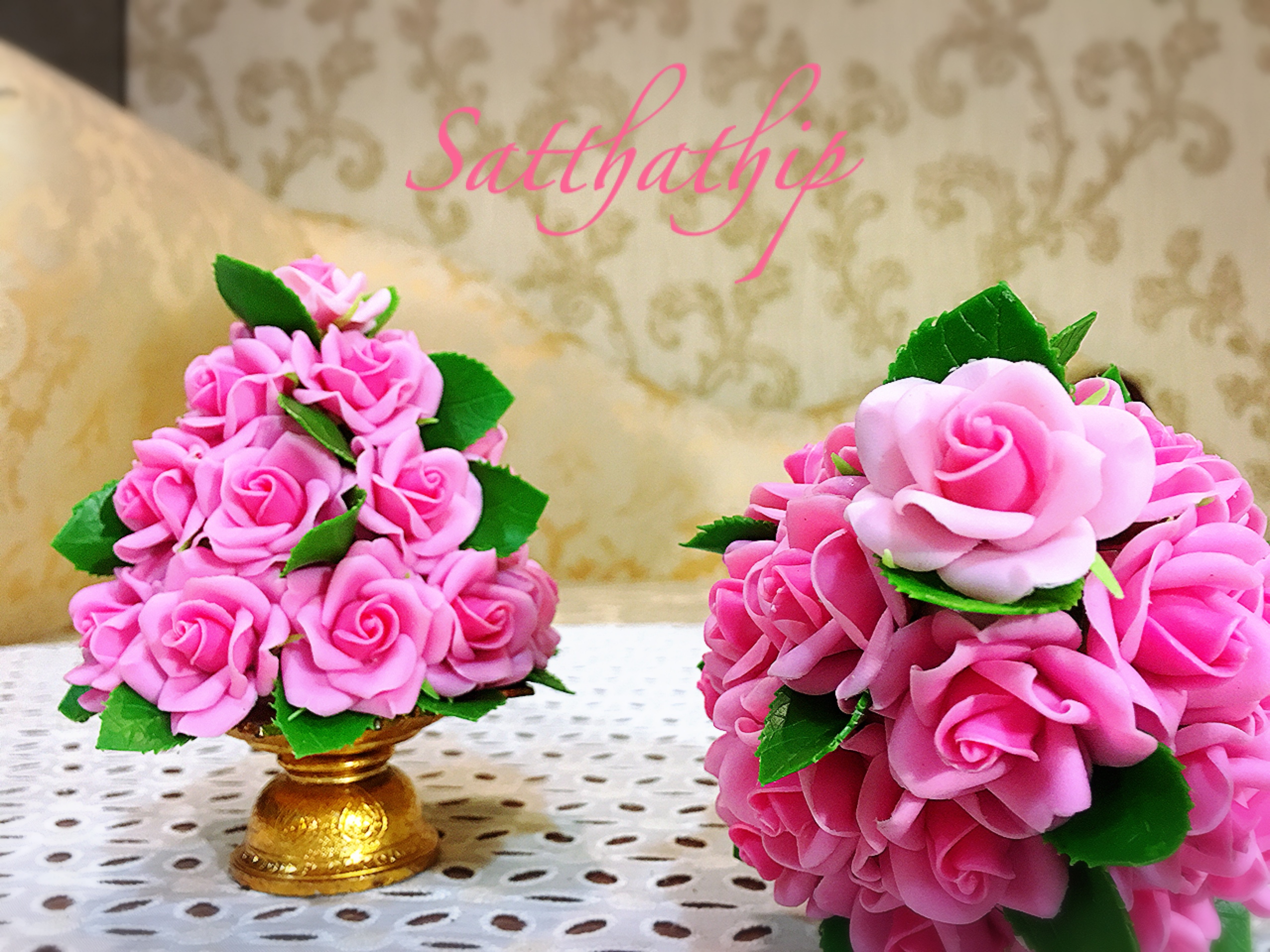 พานพุ่มดอกกุหลาบ - พานพุ่มดอกกุหลาบสีชมพู ประดิษฐ์จากดิน - Rose Flower - Phan bush