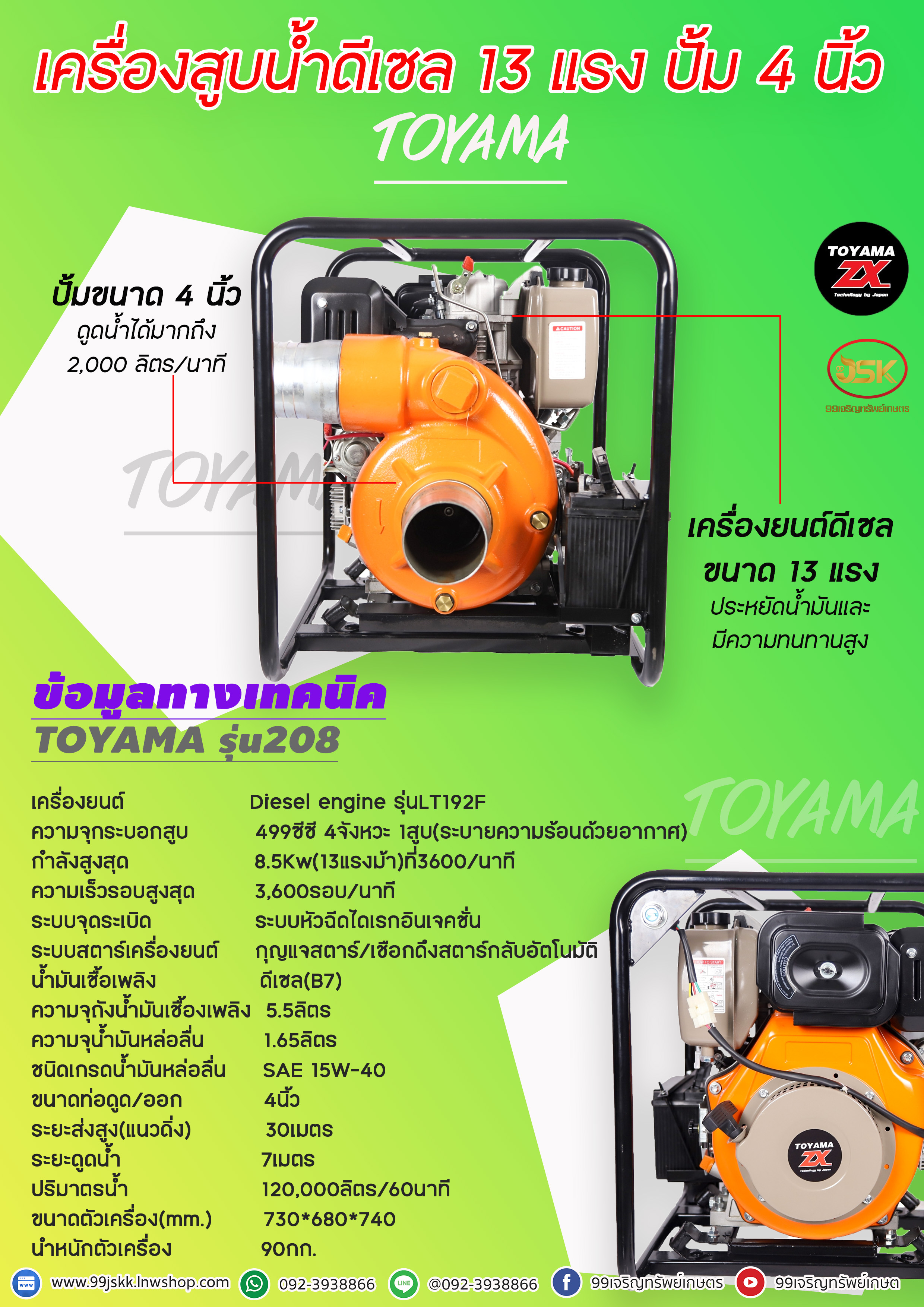 เครื่องสูบน้ำดีเซล TOYAMA 13 แรง ปั้ม 4นิ้ว เน้นปริมาณน้ำ