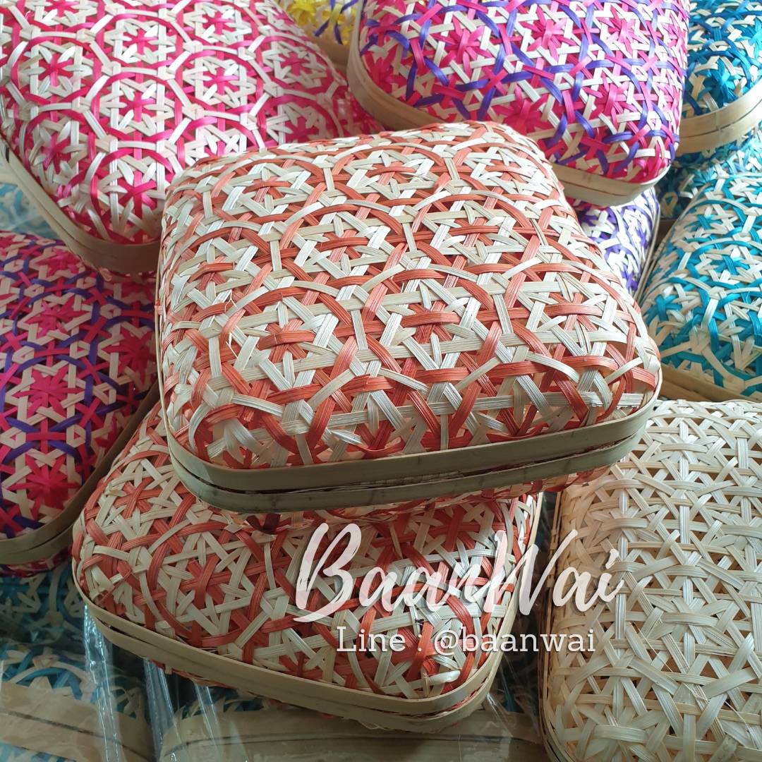 กล่องตลับไม้ไผ่ลายพิกุล กล่องไม้ไผ่ กล่องฝาปิด ทรงเหลี่ยม