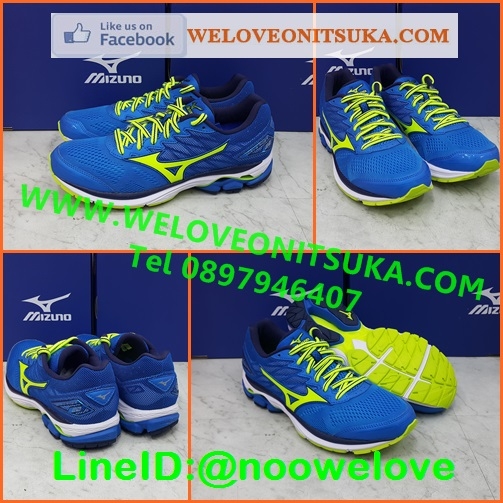 Mizuno Wave Rider 20 สีน้ำเงินคาดเขียวสะท้อนแสง รองเท้าวิ่งออกกำลังกาย ยอดนิยม สีสวย นุ่มใส่สบายเท้า เบา น่าใช้ J1GC170344