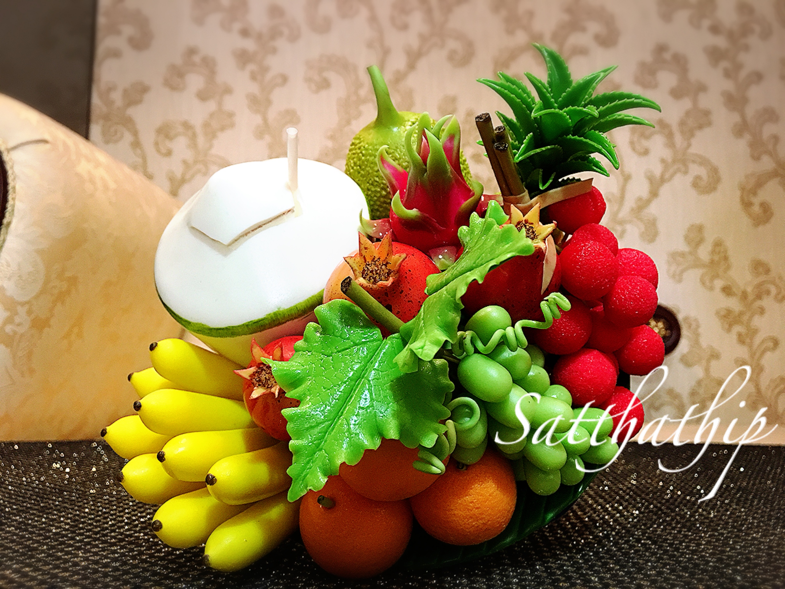 พานผลไม้ (9 อย่าง) ประดิษฐ์จากดิน - ผลไม้จิ๋ว - ผลไม้มงคล