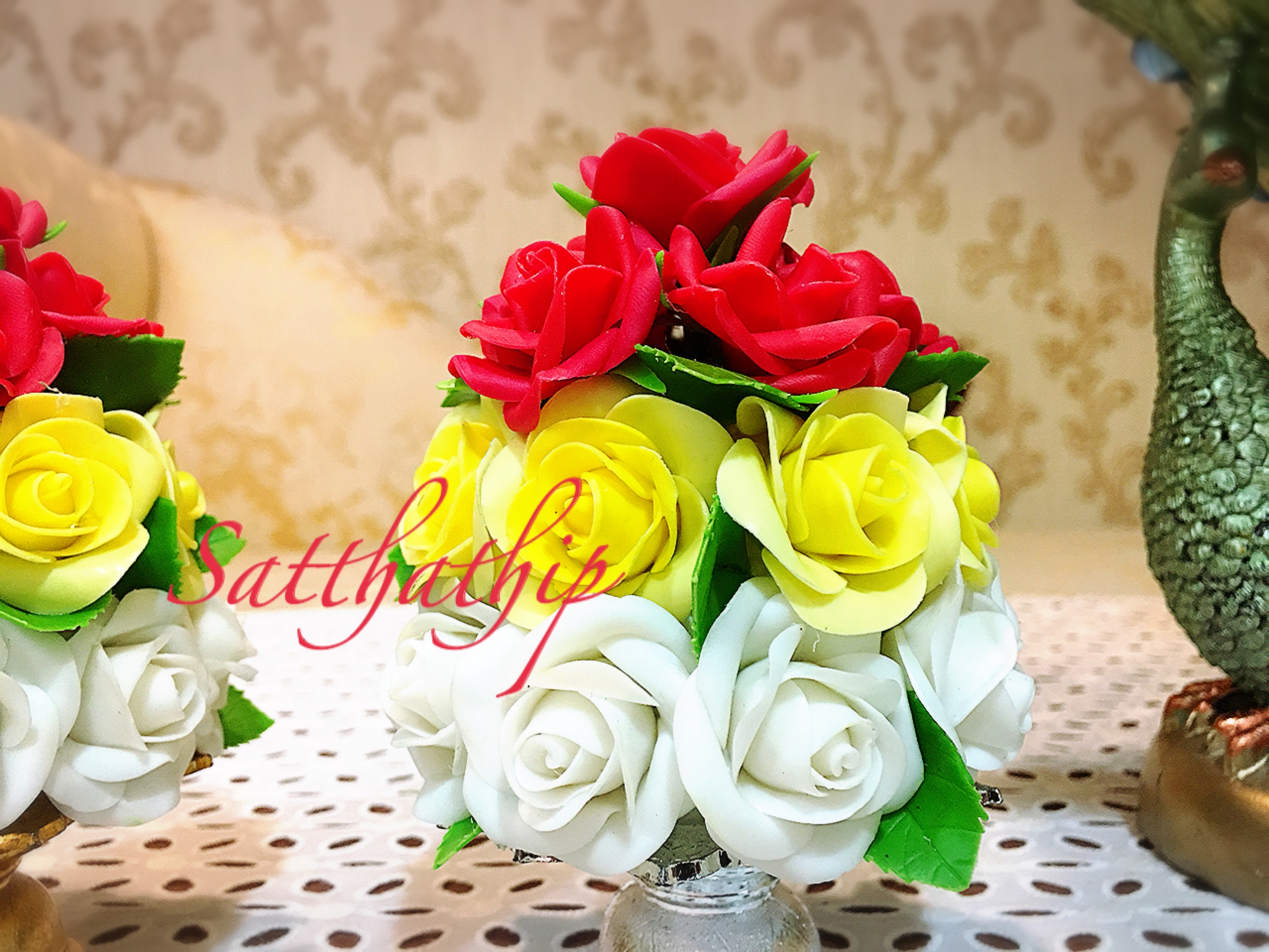 พานพุ่มดอกกุหลาบ - พานพุ่มดอกกุหลาบสีผสม ประดิษฐ์จากดิน - Rose Flower - Phan bush