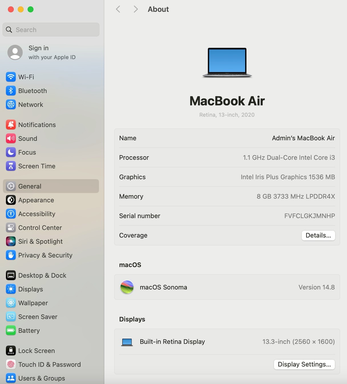 Macbook Air 13"(IntelCorei3 , 2020) 8GB/256 GB Space Gray