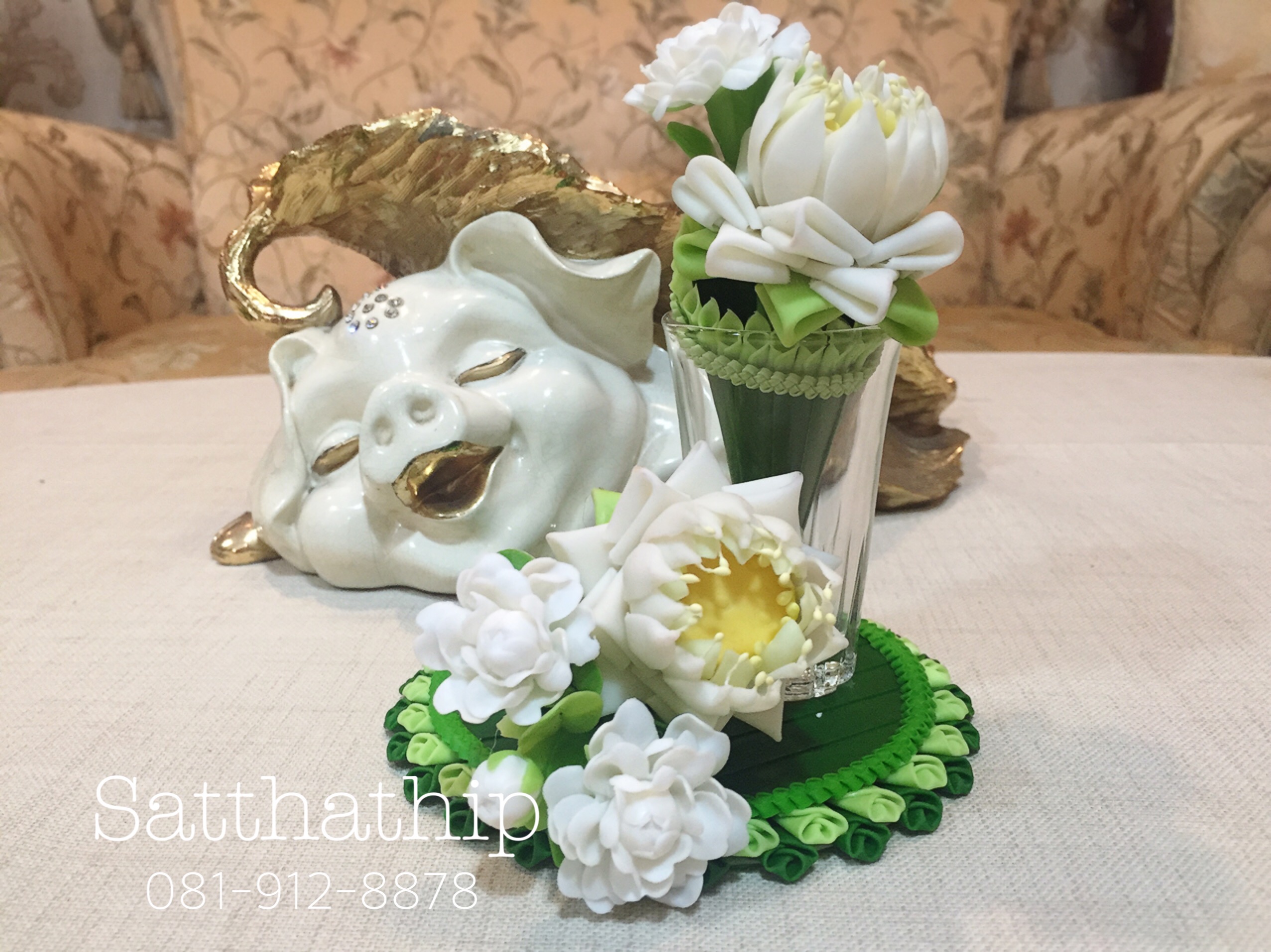 กรวยดอกบัวพับ ผสมดอกมะลิ ประดิษฐ์จากดิน - Lotus flower mix with Jusmine flower