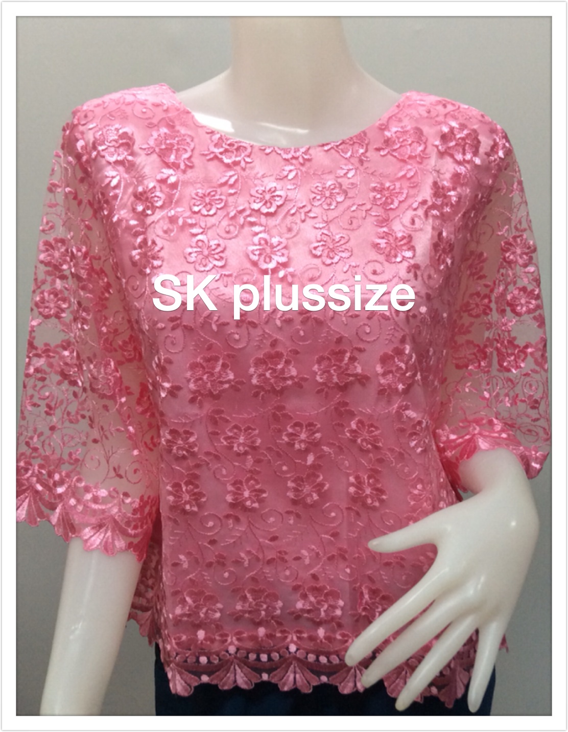 เสื้อลูกไม้บุหงา สีชมพู แขน 3 ส่วน รอบอก 38 นิ้ว
