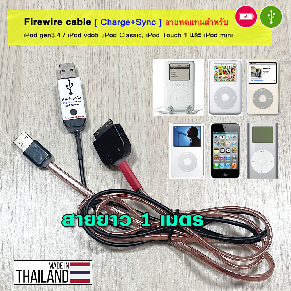 สาย Firewire ทดแทน สำหรับชาร์จ+ซิ้งค์ iPod Gen3, 4, Classic, Touch1, VDO5 และ MINI ใช้ช่องเสียบ USB แทนช่อง Firewire