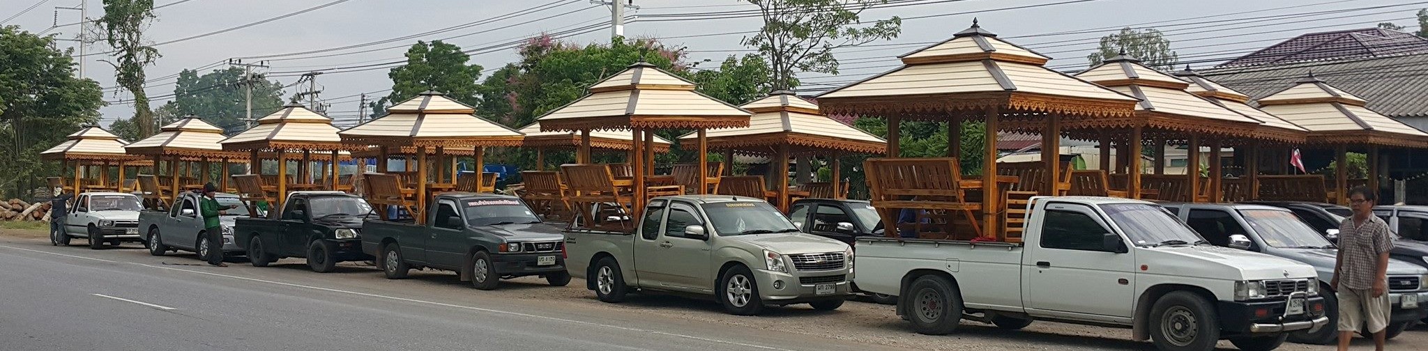 ( รหัส E1-เงา ) ศาลาไม้สัก เสาเหลี่ยมเอียง สีเงา คาตาล / นาด 2.30x2.30x3.00 เมตร