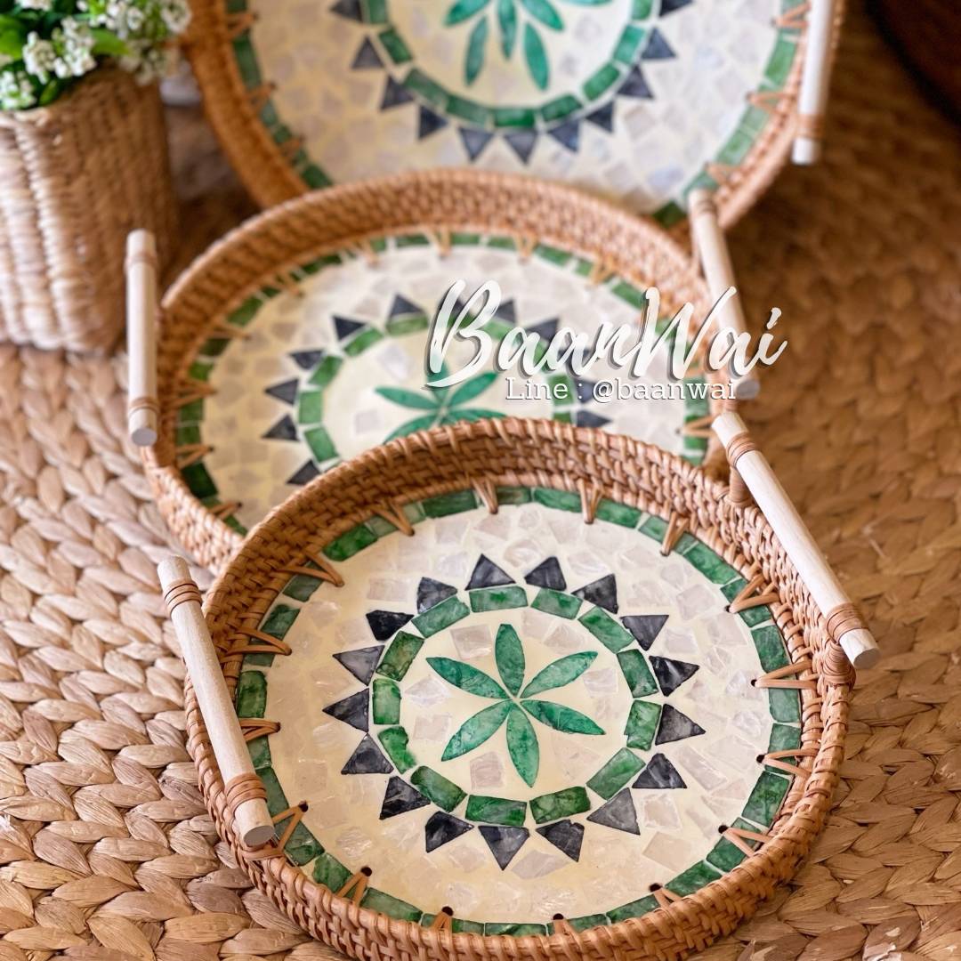 ถาดหวายสาน ทรงกลม (เปลือกหอยสีเขียว) มีหูจับ