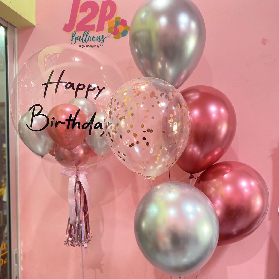 ลูกโป่งวันเกิดHappy birthday Metallic Red & Metallic Silver & Confetti Balloons set (6pcs.)
