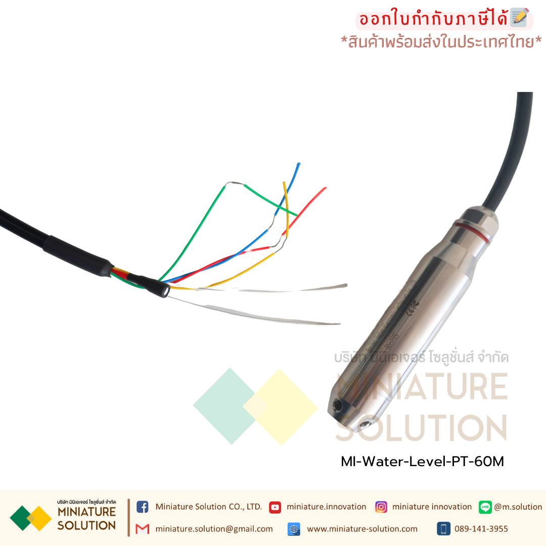 เซนเซอร์วัดระดับน้ำ บ่อบาดาล ความลึกบาดาล เซนเซอร์บาดาล พร้อมอุณหภูมิในบ่อ PT100 water temperature and water level sensor water tank 4-20mA (PT สายยาว 60 เมตร)