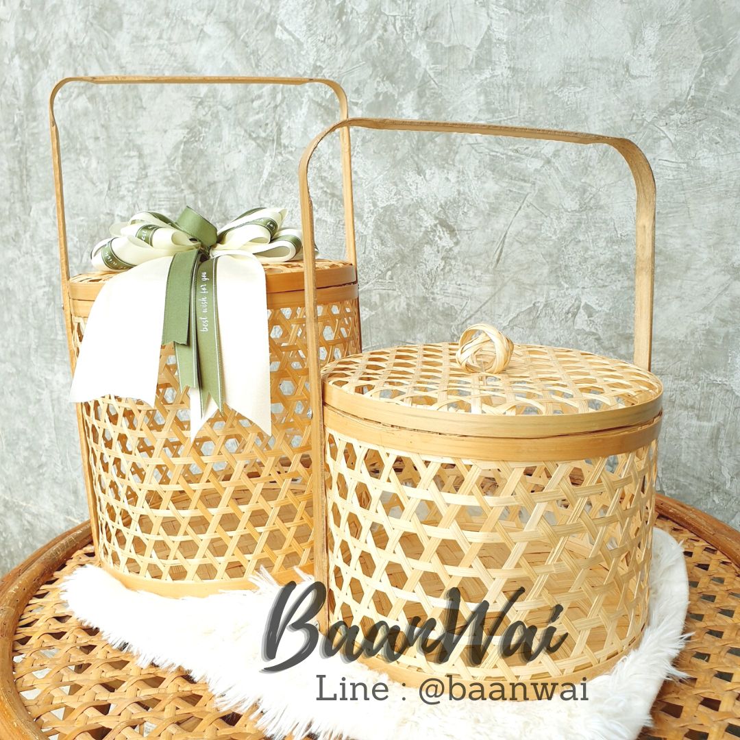 ปิ่นโตไม้ไผ่ ปิ่นโตชะลอม ทรงกลม ขนาด 8*6 นิ้ว