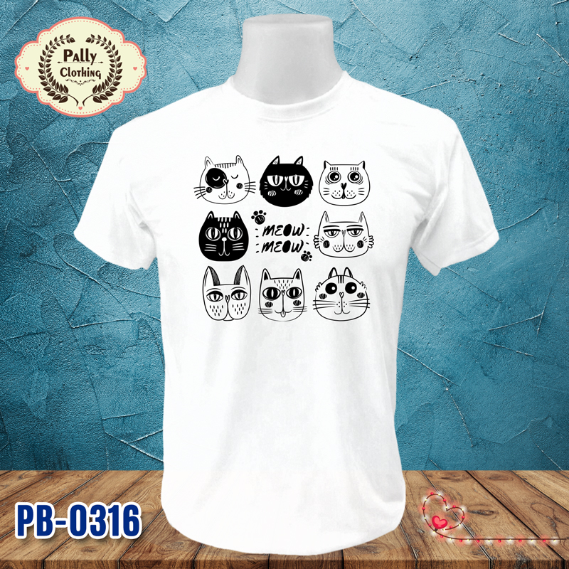เสื้อยืดลายหมาแมว PB-0316 ลายแมว MEOW MEOW