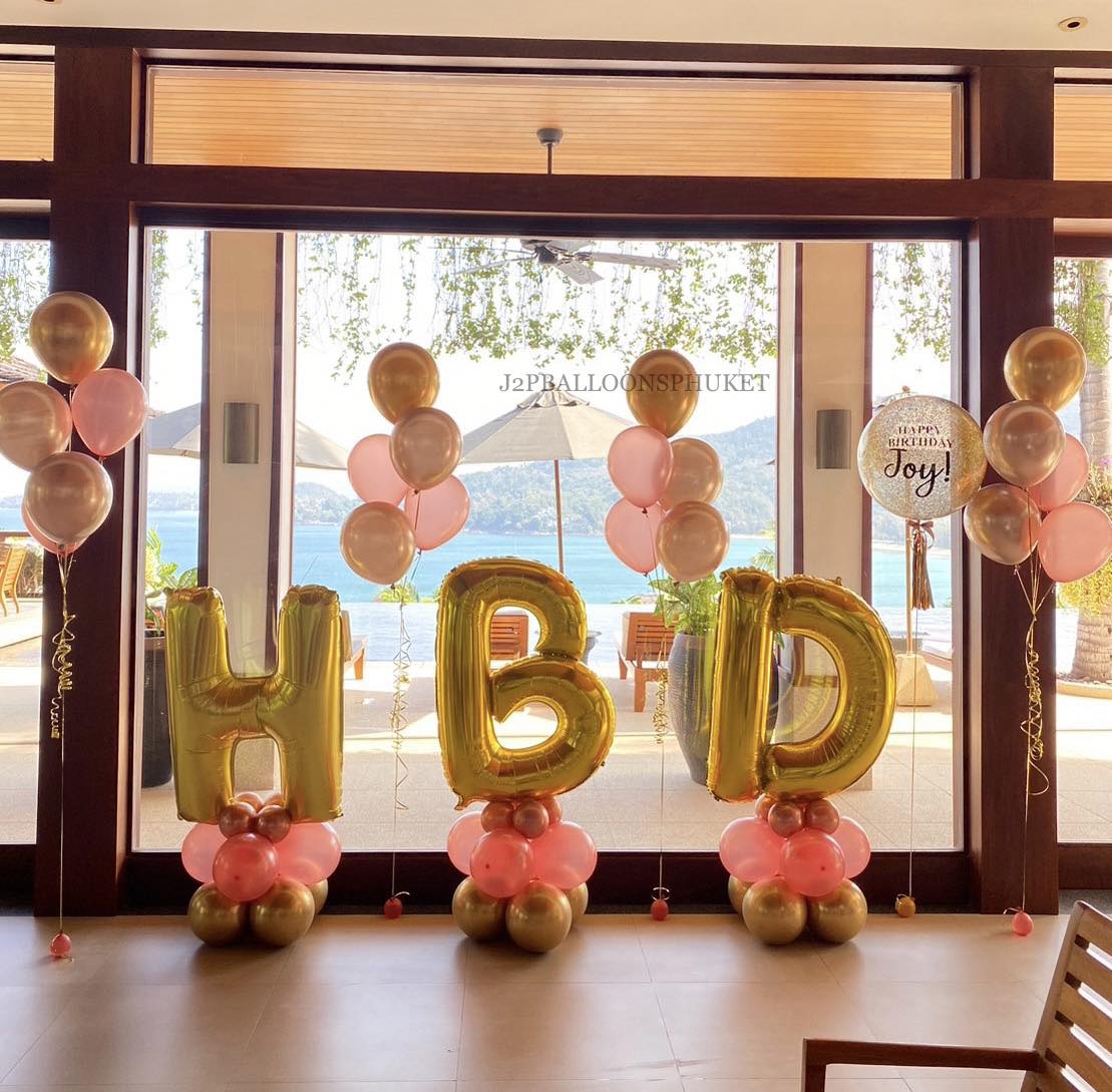 ลูกโป่งวันเกิดHappy birthday Gold Metallic & Rose gold Bouquets and column Balloons set (With helium & Air) (24pcs.)