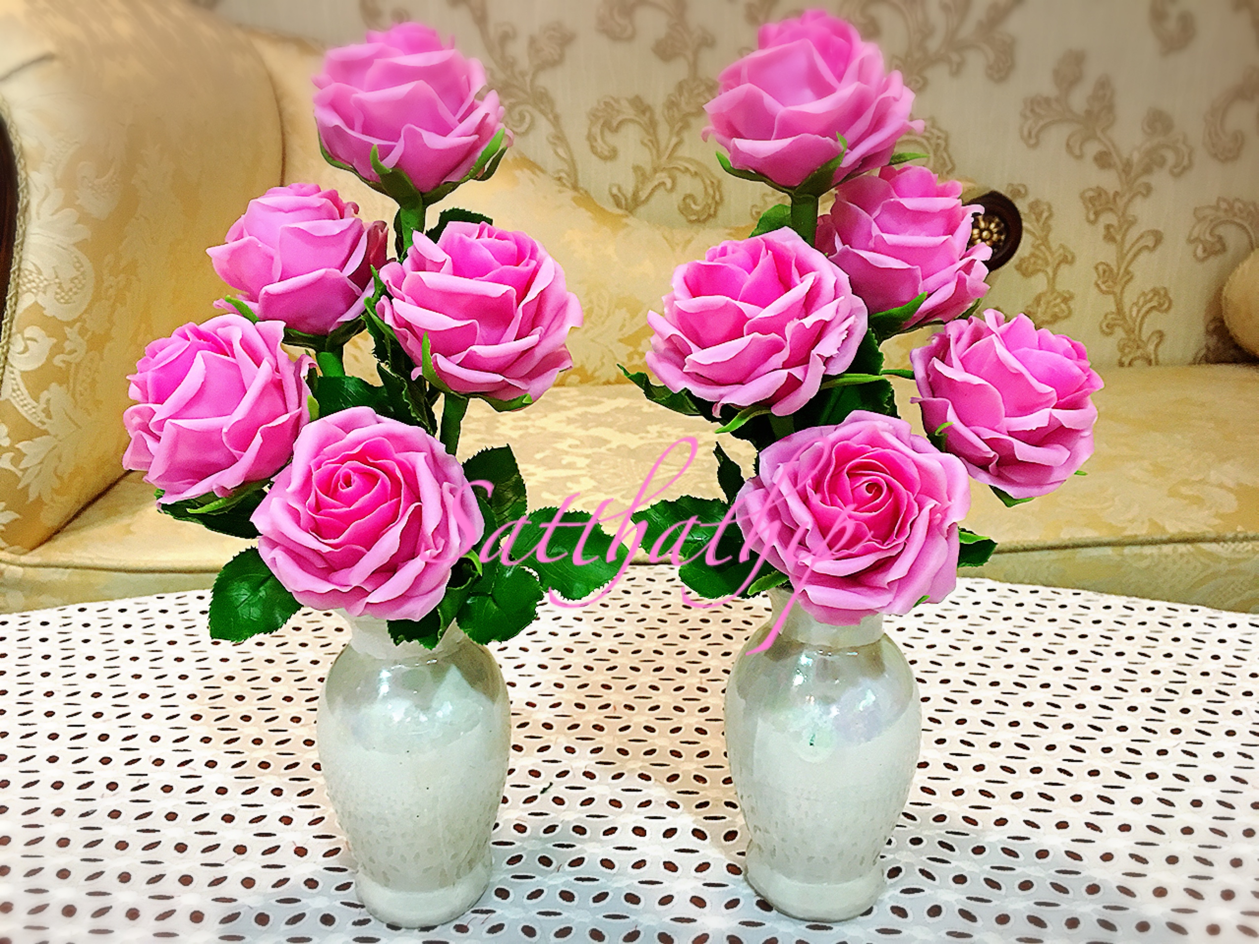 แจกันดอกกุหลาบ สีชมพู ประดิษฐ์จากดิน - ดอกกุหลาบ - Rose Flower