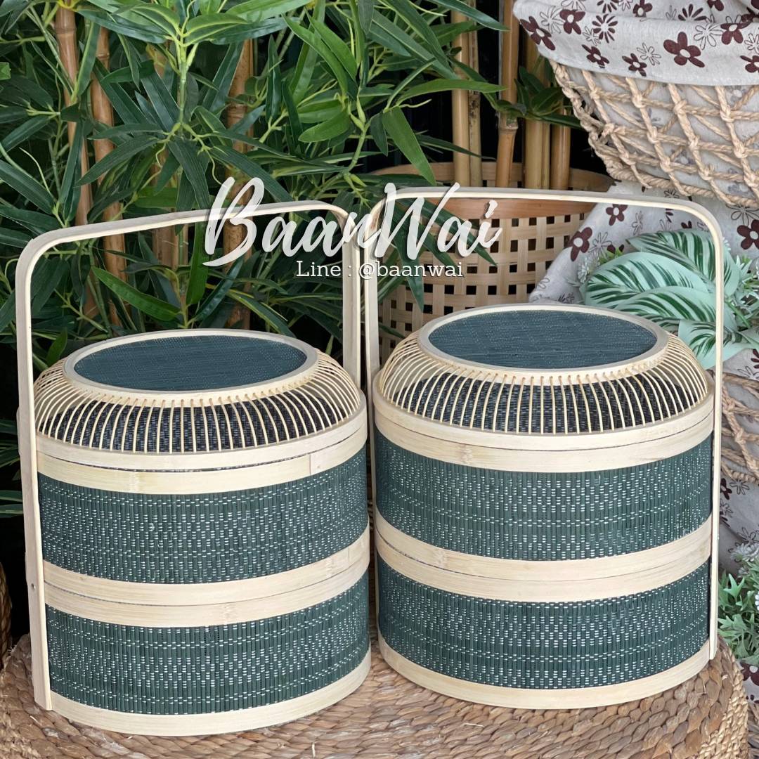 กล่องไผ่มงคล มั่งมี รุ่นเสื่อไม้ไผ่ (ฝากรงนก) สีเขียว 2ชั้น