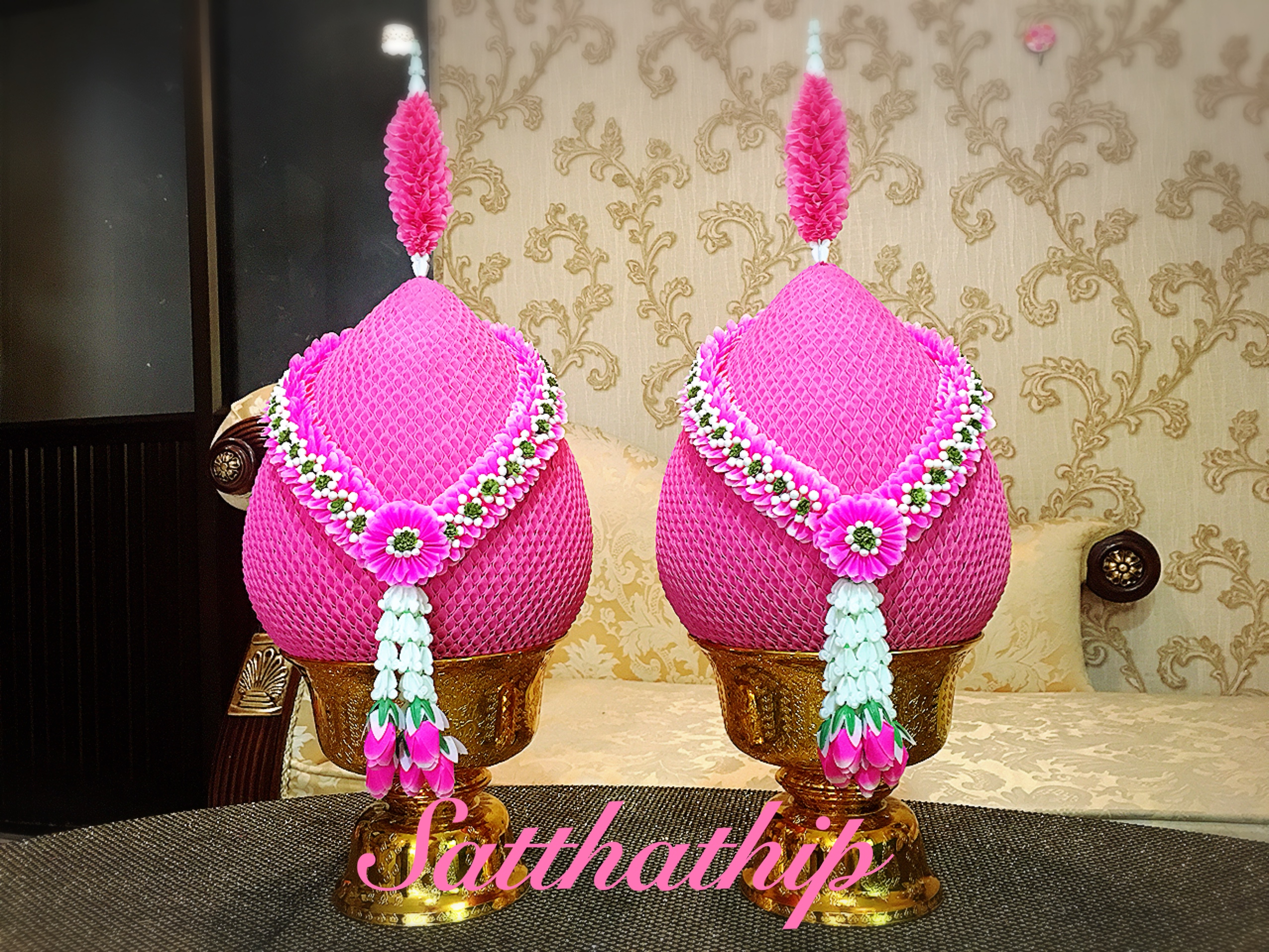 พานพุ่มผ้า สีชมพู - พานพุ่ม สีชมพู - พานพุ่มสักการะ สีชมพู - Phan bush