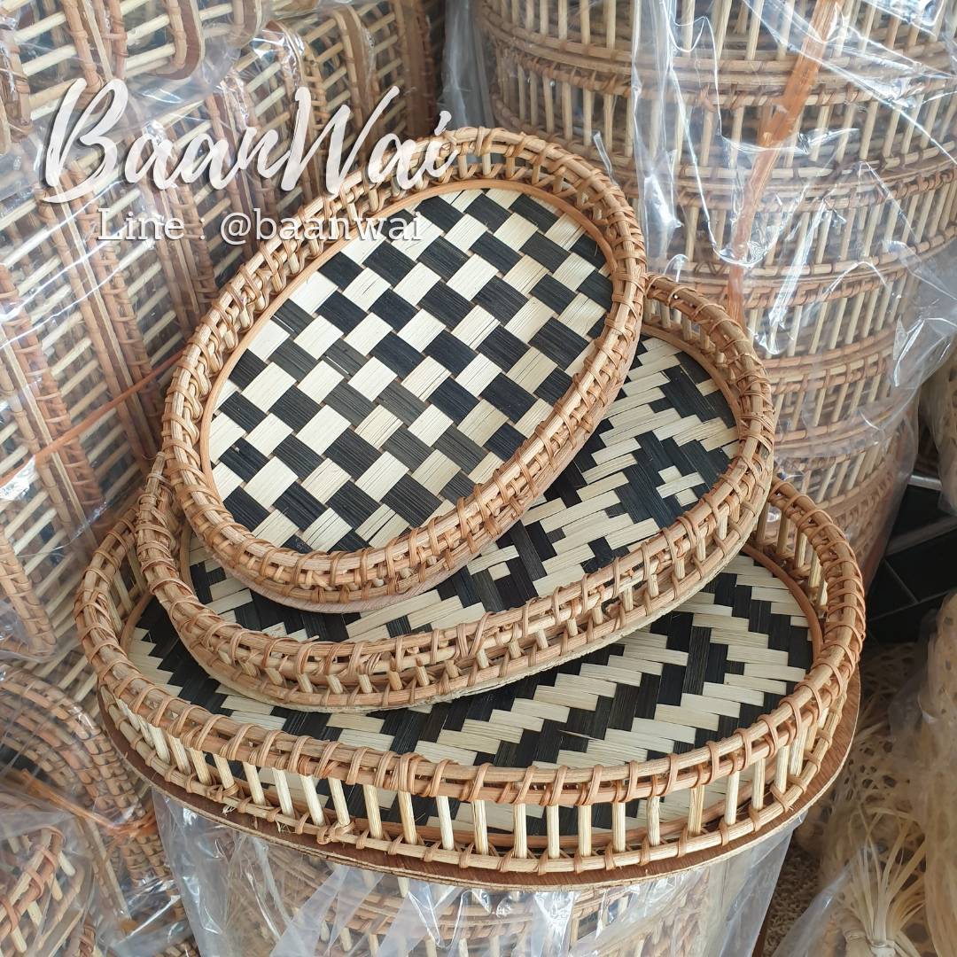 ถาดหวายสาน (พื้นขาว-ดำ) ถาดหวาย ถาดเสิร์ฟอาหาร ทรงรี