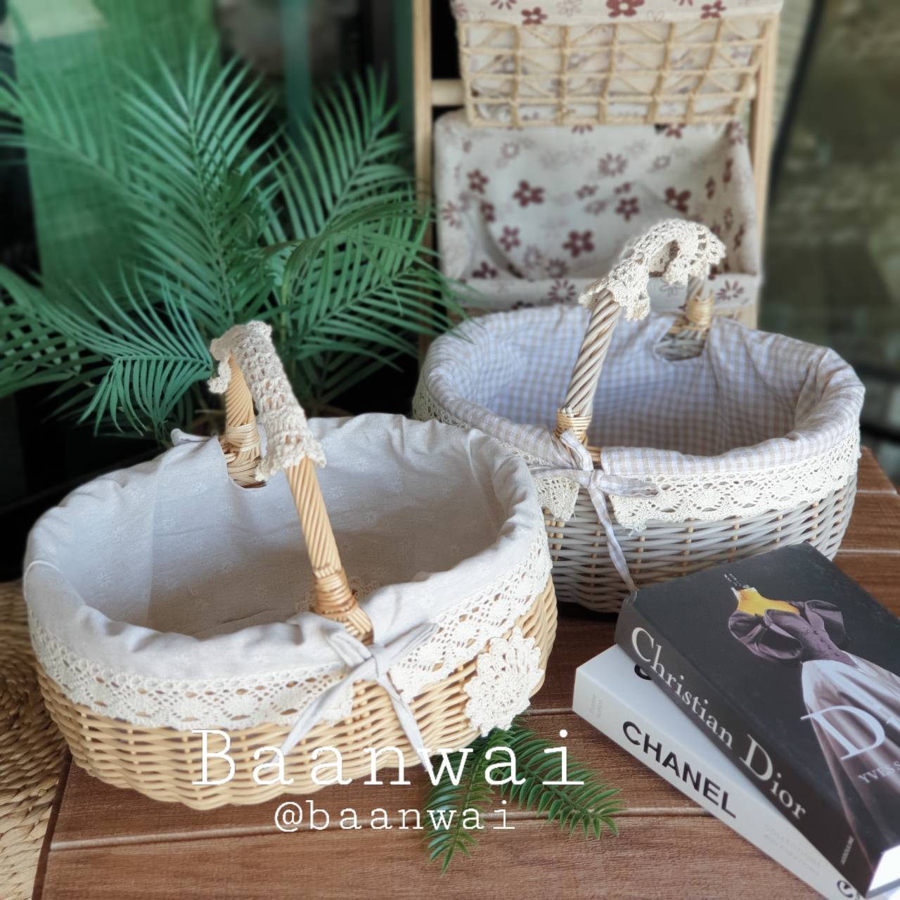 ตะกร้าหวายเทียม บุผ้า ทรงรี