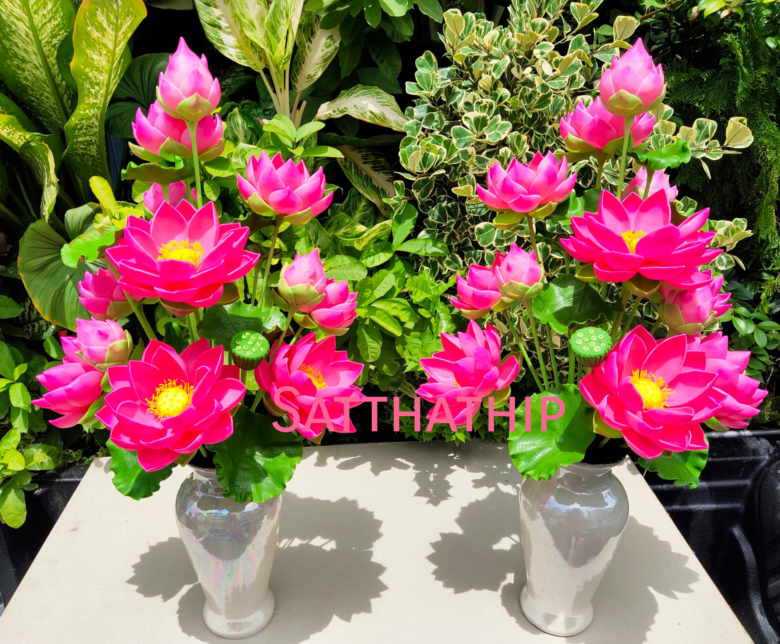 แจกันดอกบัว - ดอกบัวประดิษฐ์ - แจกันดอกบัวหลวงสีชมพู (ข้างละ 6 ดอก) ประดิษฐ์จากดิน - แจกันดอกบัวประดิษฐ์ - Lotus Flower