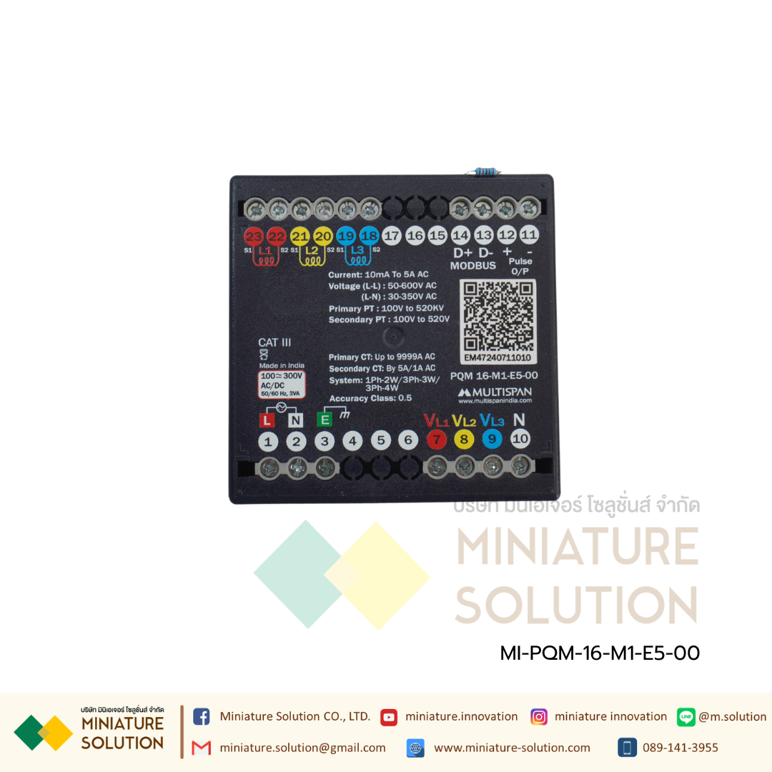 PQM-16-M1 Multifunction Meter with LCD display & RS-485 MODBUS CT input : 3Ø Voltage Input : 3Ø3W/4W ,1Ø2W Pulse Output RS-485 MODBUS LCD 8+4+4+4 Digit With Import -Export KWh , KVArh & Individual THD Multispan