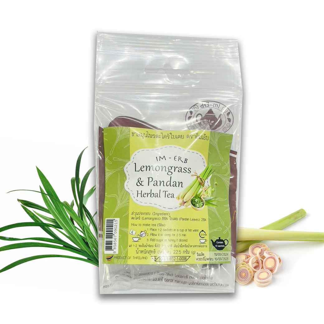 ชาตะไคร้ใบเตย 100 % ตรา อิ่มเอิบ Im Erm 100 % Lemon Grass Pandan Herbal Drink (1.5 g. x 15 ซอง) 22.5 g. (05-8871)