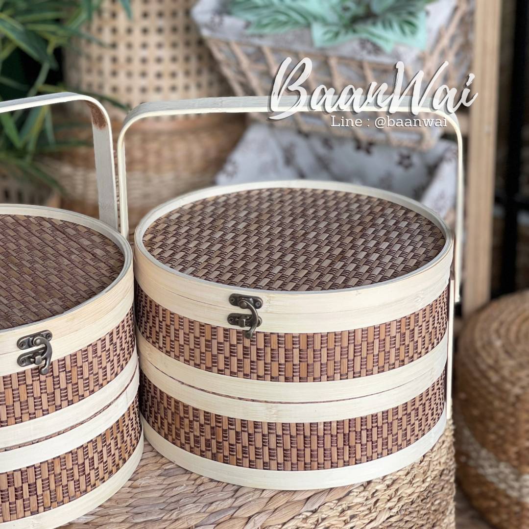 ปิ่นโตเสื่อไม้ไผ่ 2 ชั้น ทรงกลม หูพับ สีน้ำตาล