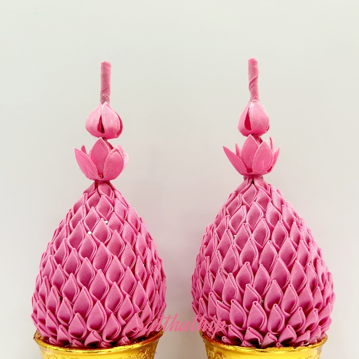 พานพุ่ม - พานพุ่มผ้าสีชมพู - พานพุ่มสีชมพู - พานพุ่มสักการะสีชมพู