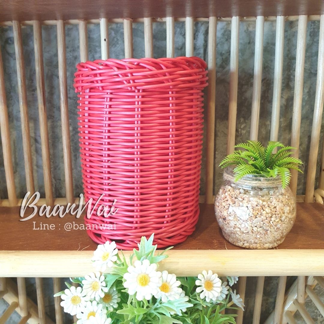 ตะกร้าหวายเทียม ทรงกระบอก คละสี ขนาด 5x6 นิ้ว (ก้นตะกร้า 4 นิ้ว)