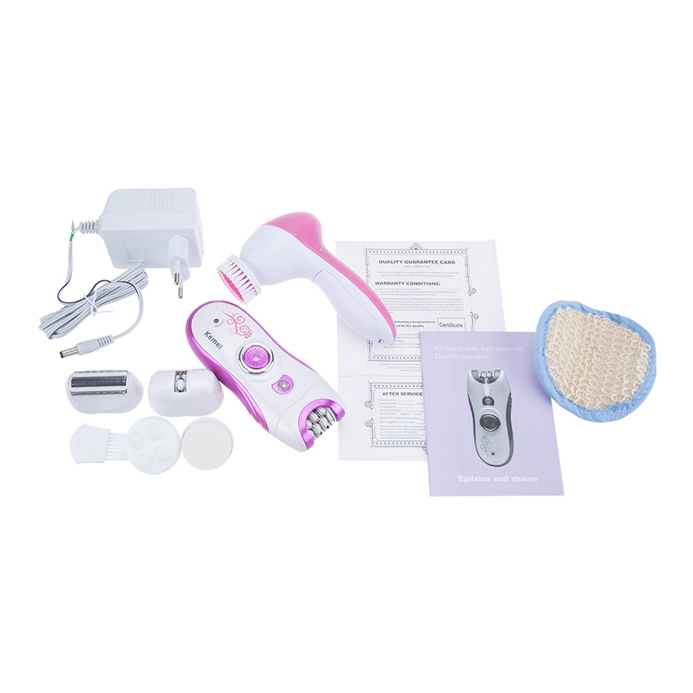 Kemei เครื่องถอนขน 6 in 1 โกนขน นวดหน้า ขัดหน้า ชุดใหญ่ KM-3066 เปลี่ยนได้ 3 หัว มอเตอร์ Pd อัลลอยด์ ใช้งานต่อเนื่อง 40 นาที ถอดล้างหัวได้ แถมฟรี!! ฟองน้ำทำความสะอาด - สีชมพู
