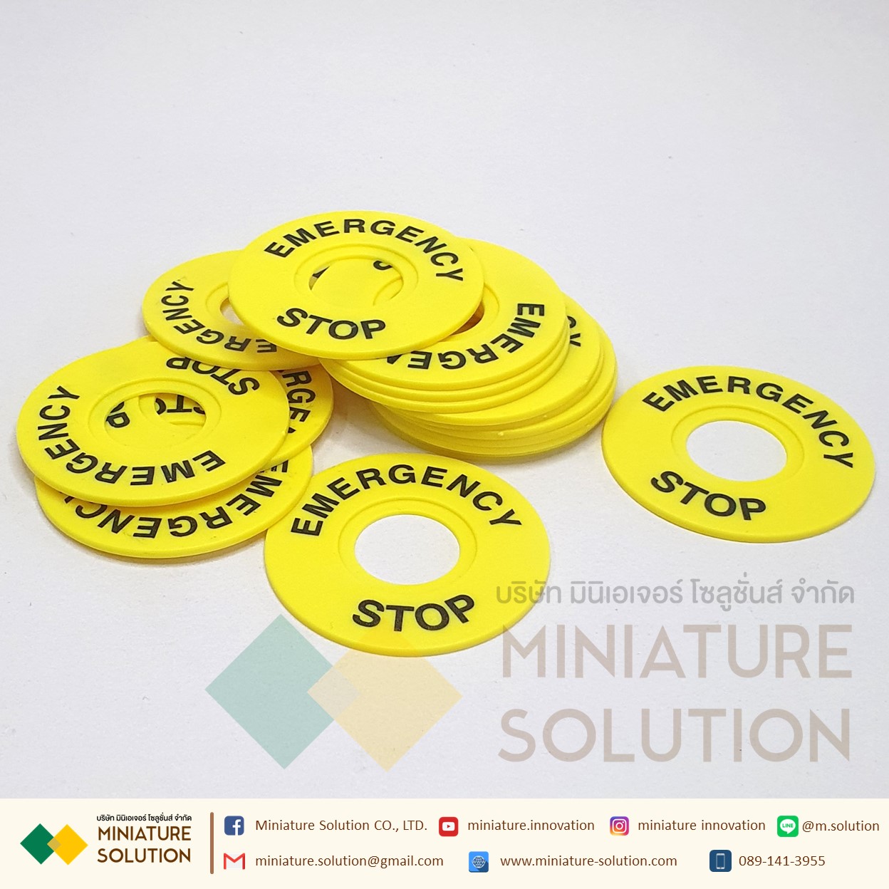 name plate ป้ายชื่อ สวิทช์ฉุกเฉิน Emergency Stop ขนาด 22มิล แผ่นเนมแพลท วงกลม Ø60mm รูปุ่มขนาด Ø22mm