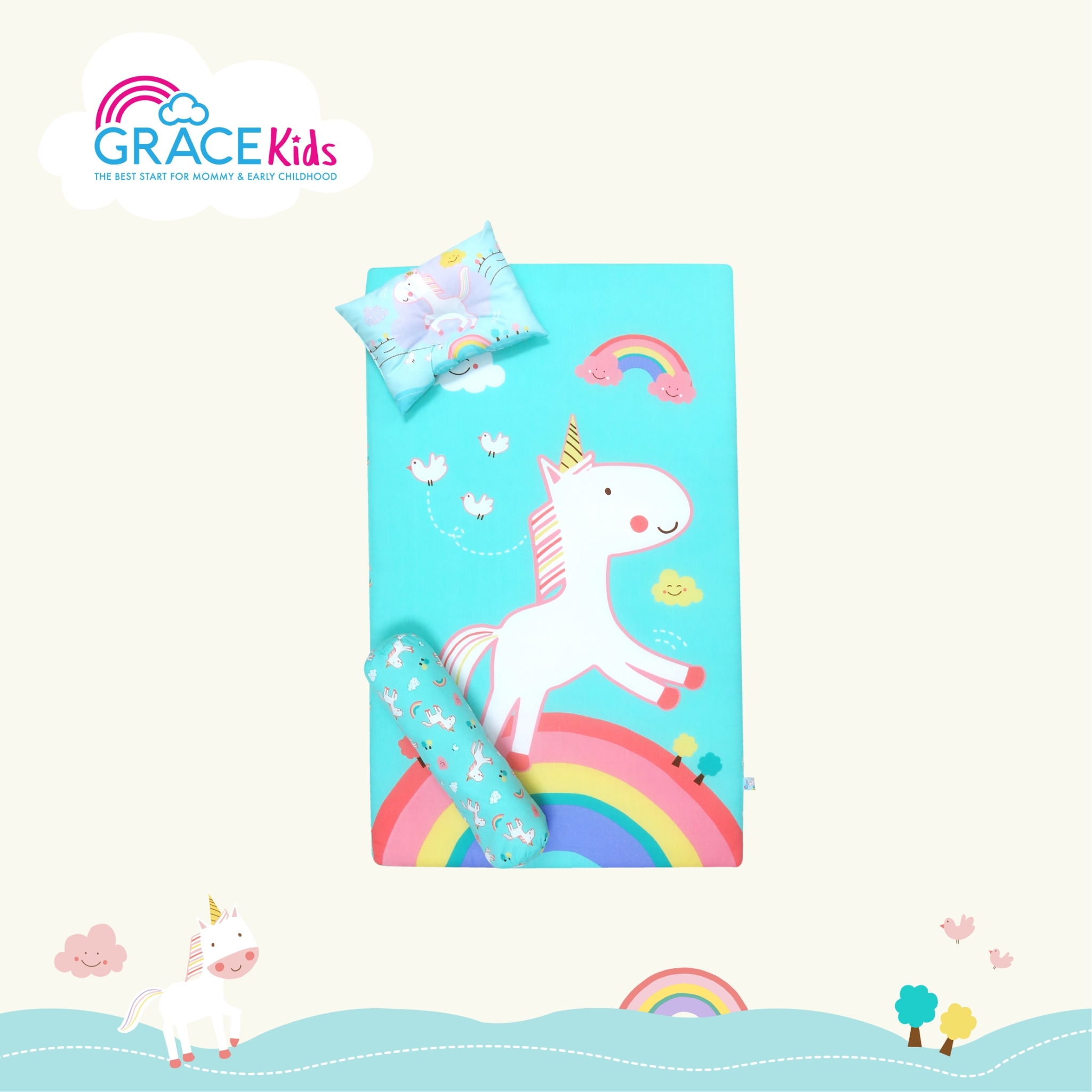 GraceKids เซตที่นอนเด็ก ลาย Rainbow Unicorn Ver.2 (Mint Green) Size M