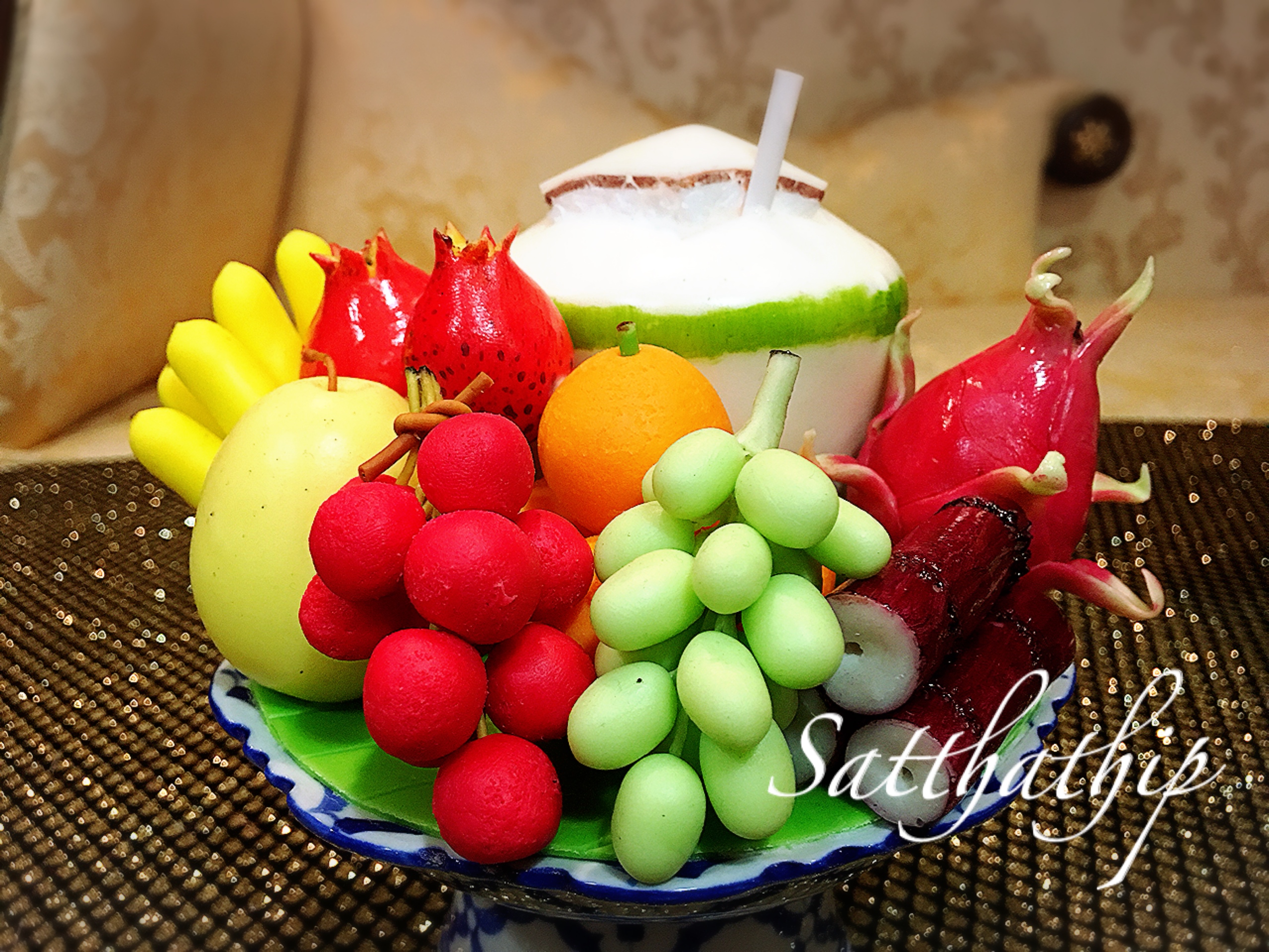 พานผลไม้ (9 อย่าง) ประดิษฐ์จากดิน - ผลไม้จิ๋ว - ผลไม้มงคล