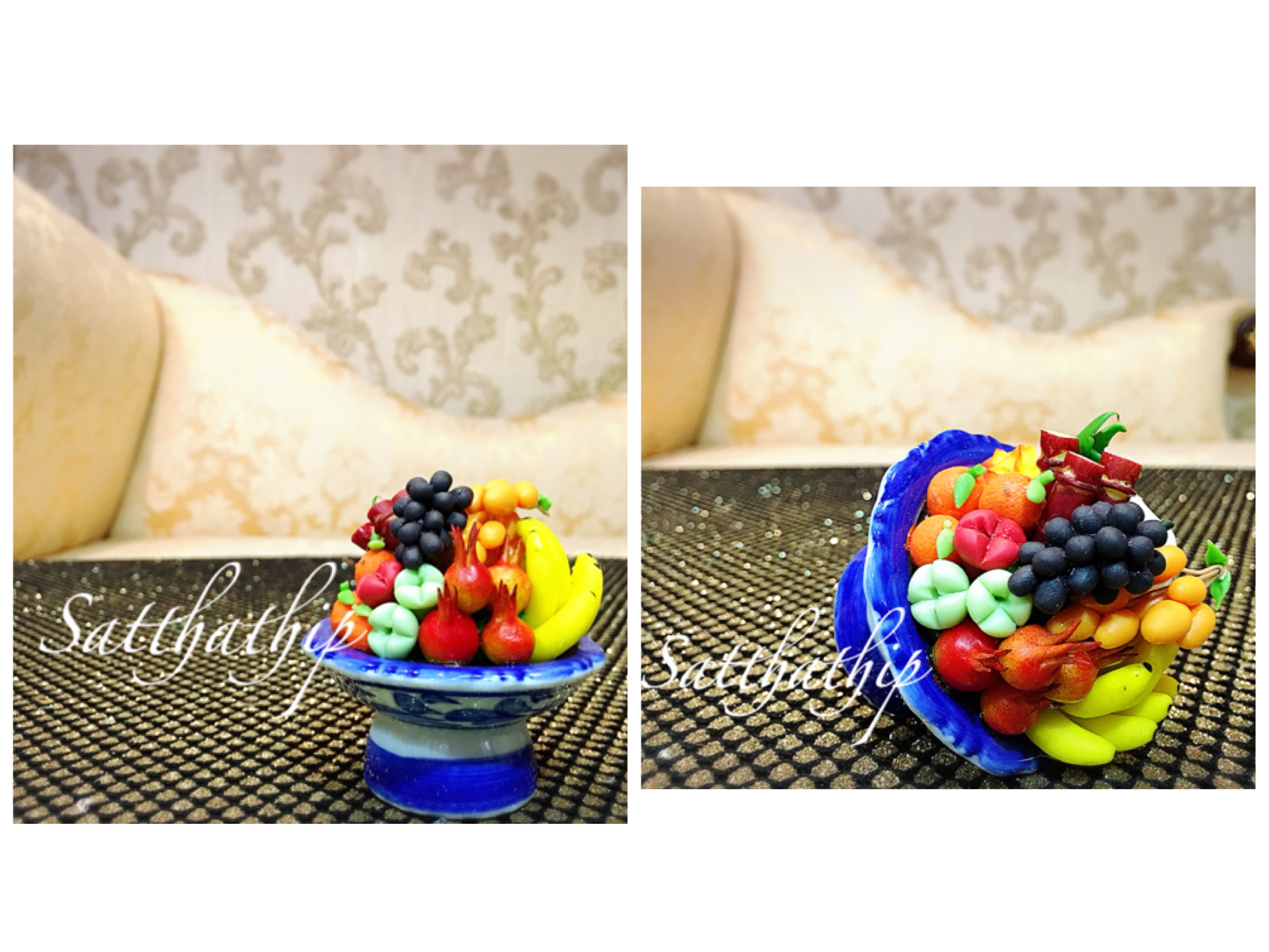 พานผลไม้ (9 อย่าง) ประดิษฐ์จากดิน - ผลไม้จิ๋ว - ผลไม้มงคล