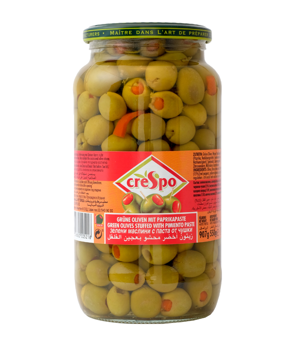Crespo มะกอกเขียวสอดไส้พริกแดงในน้ำเกลือ ชนิดขวดแก้ว Green Olives Stuffed with Pimiento Paste 550 (907 g.) (05-0339)