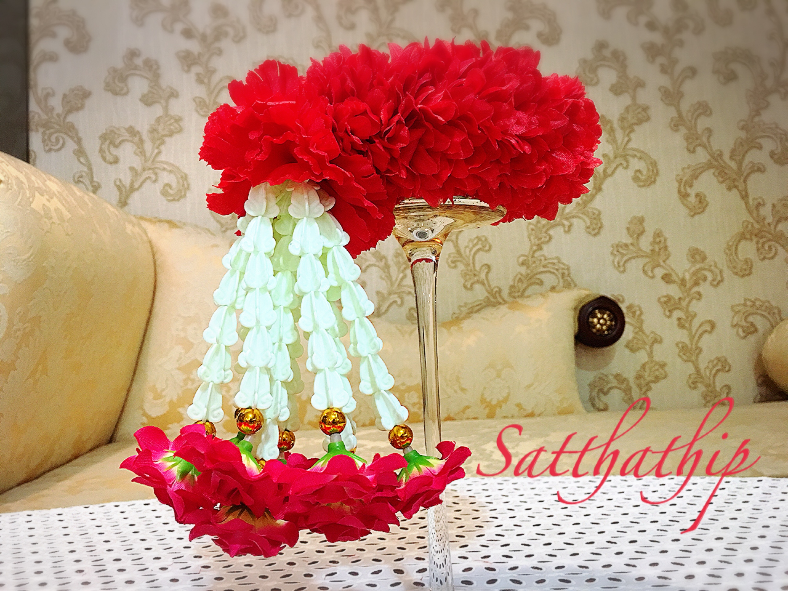 พวงมาลัยผ้า - พวงมาลัยดอกมัม ประดิษฐ์ - พวงมาลัยถวายศาลพระภูมิ - Fabric garland