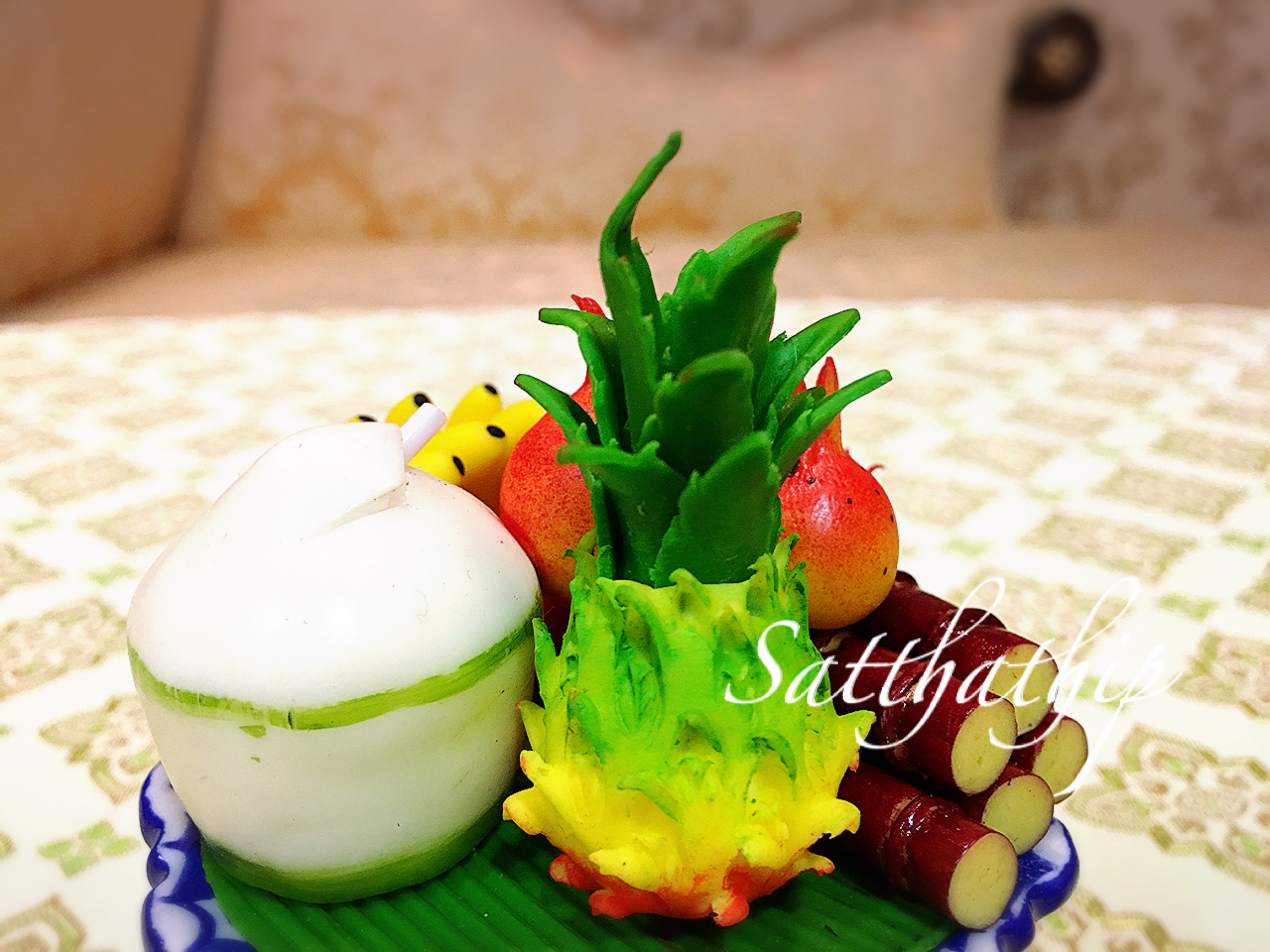 พานผลไม้ (5 อย่าง) ประดิษฐ์จากดิน - ผลไม้จิ๋ว - ผลไม้มงคล