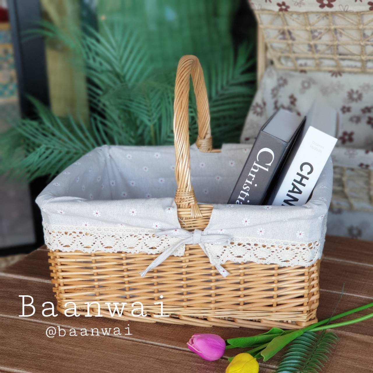 ตะกร้าหวาย บุผ้า ทรงเหลี่ยม