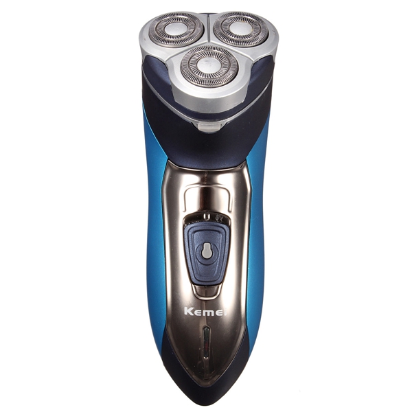 Kemei เครื่องโกนหนวด 3D ใบมีดสแตนเลสคู่ลูกลอย 3 หัวโกน 3 วัตต์ รุ่น KM-7390 กันน้ำได้ 100% แบบตเตอรี่ Ni-Cd พร้อมที่กันจอน - สีฟ้า