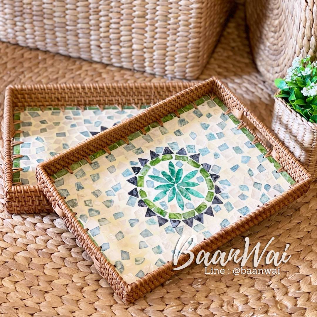 ถาดหวายสาน ทรงเหลี่ยม (เปลือกหอยสีเขียว)