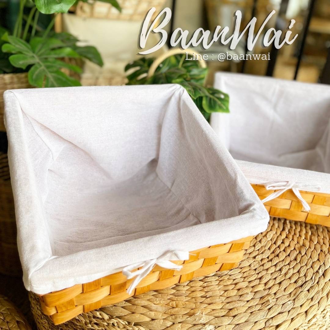 ตะกร้าไม้สาน ทรงเหลี่ยม บุผ้า ตะกร้าวางโชว์สินค้า