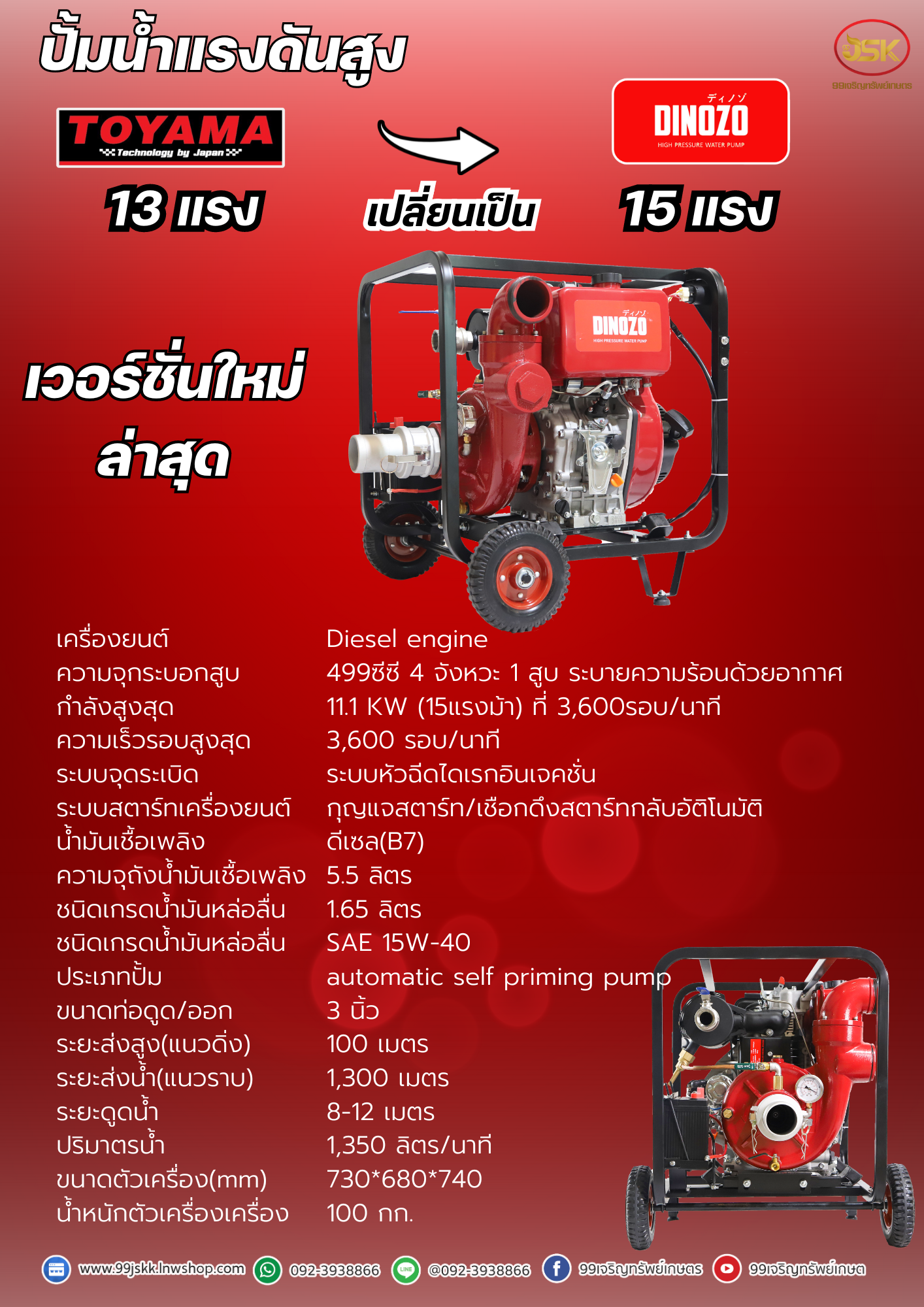เครื่องสูบน้ำดีเซล DINOZO รุ่นZXH1503 ขนาด 15 HP