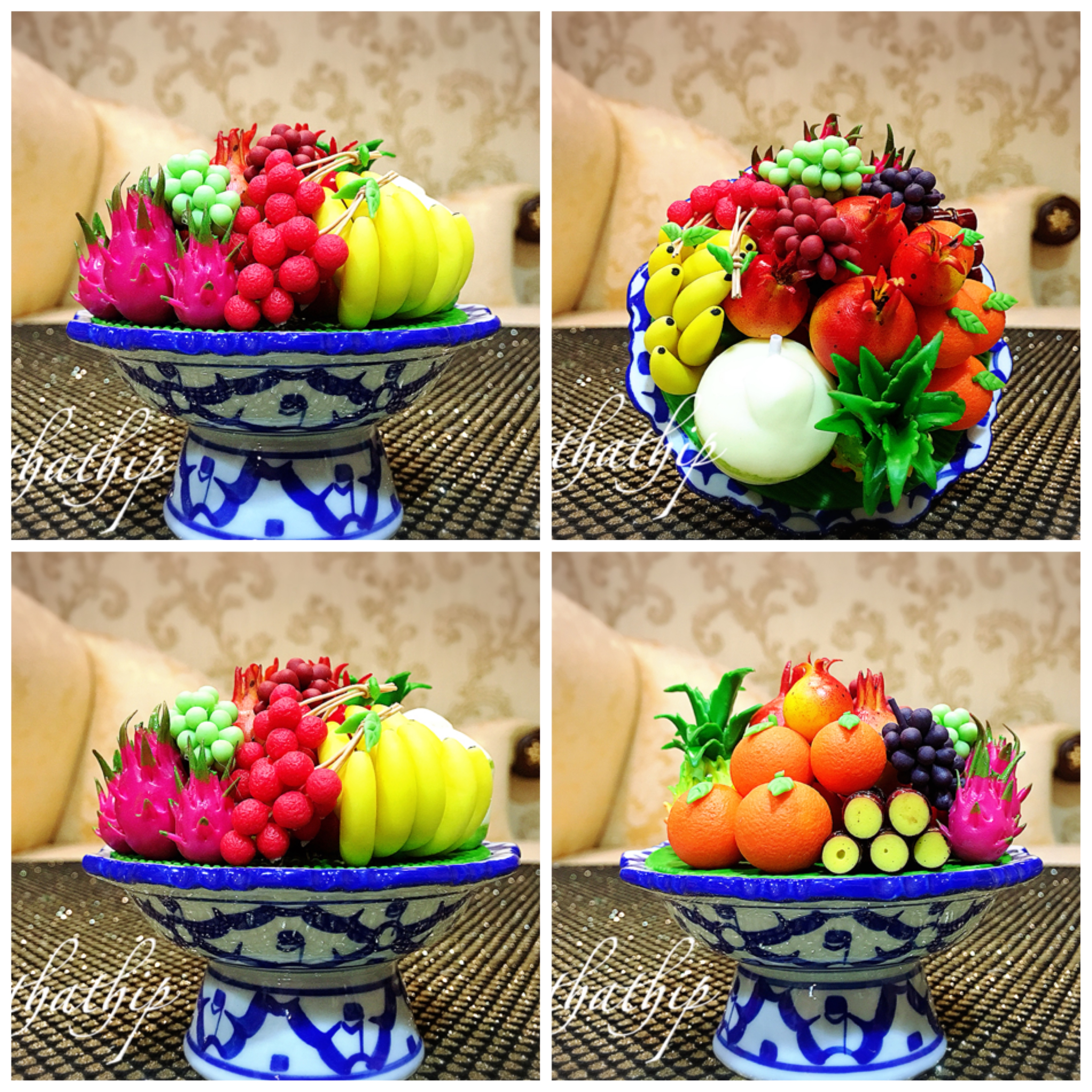 พานผลไม้ (9 อย่าง) ประดิษฐ์จากดิน - ผลไม้จิ๋ว - ผลไม้มงคล