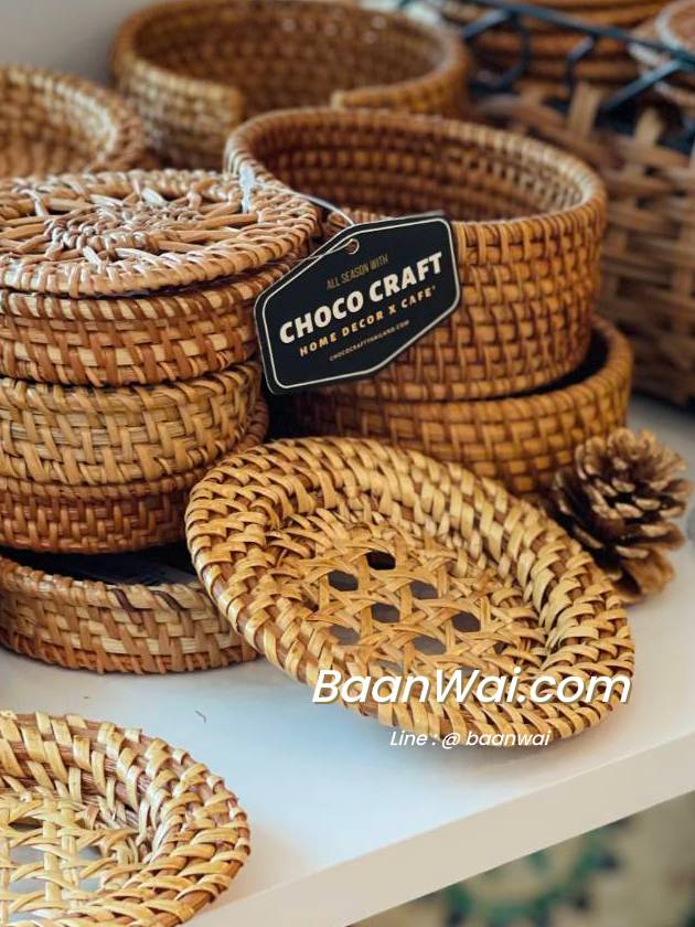 แผ่นรองแก้ว หวายแท้ ลายพิกุล