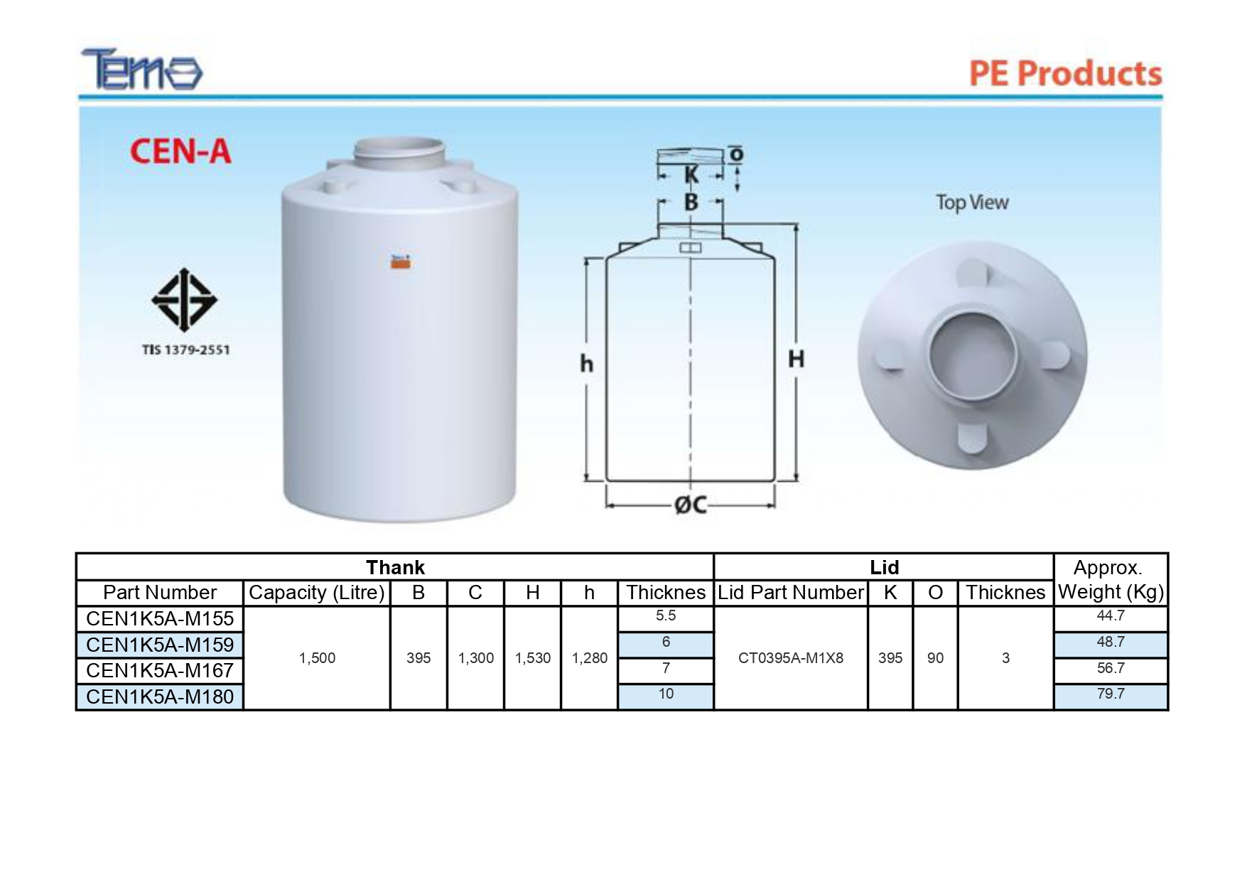ถังเก็บสารเคมี PE Tema ขนาด 1500 ลิตร รุ่น CEN1K5A-M180 (หนา 10 มม.)