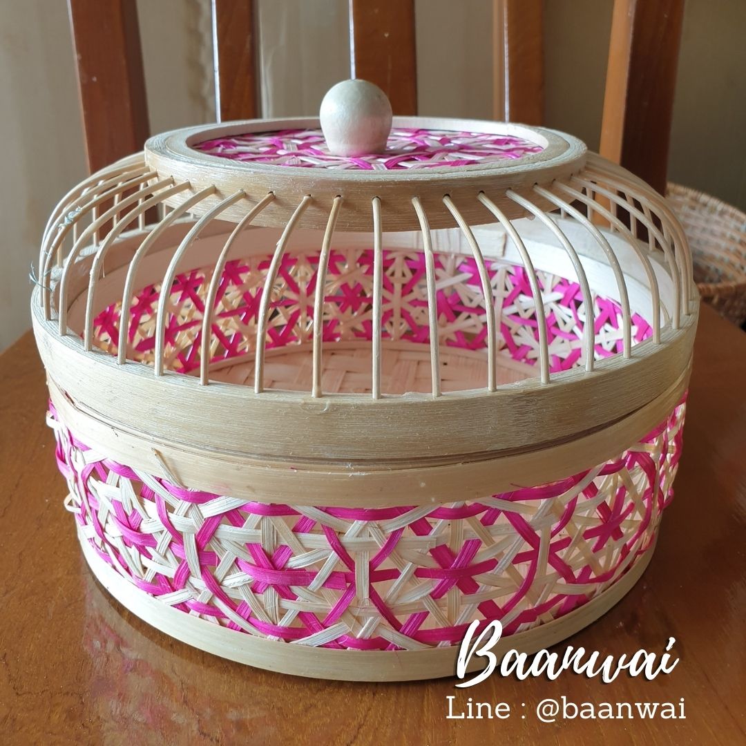 กล่องไม้ไผ่ลายพิกุล ทรงกลม ฝากรงนก ขนาด 9 นิ้ว ...