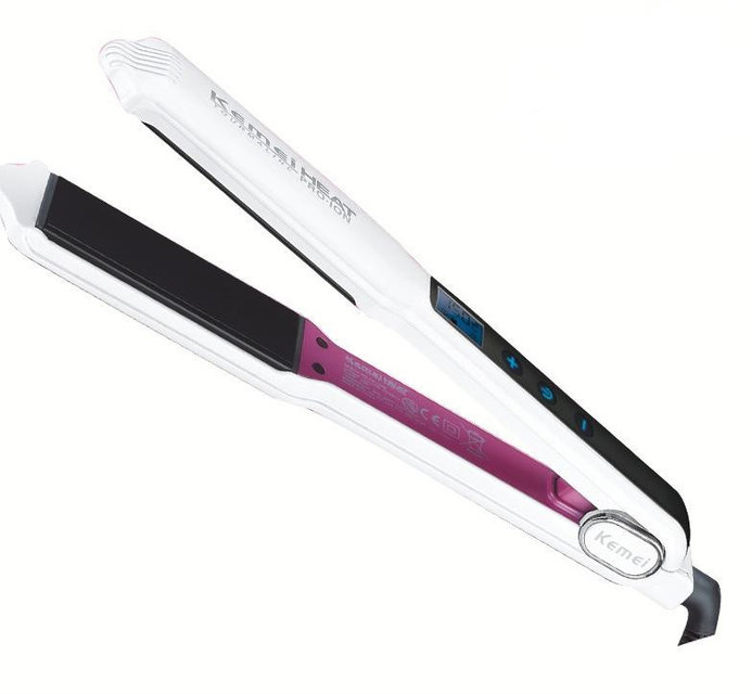 Kemei Heat Pro ION เครื่องหนีบผม ความร้อนสูง ทัวร์มาลีนเซรามิกแผ่นกว้าง KM-1088 ร้อนเร็ว ปรับอุณหภูมิดิจิตอล 150-230 องศา จอ LCD ปุ่มสัมผัส - สีขาว