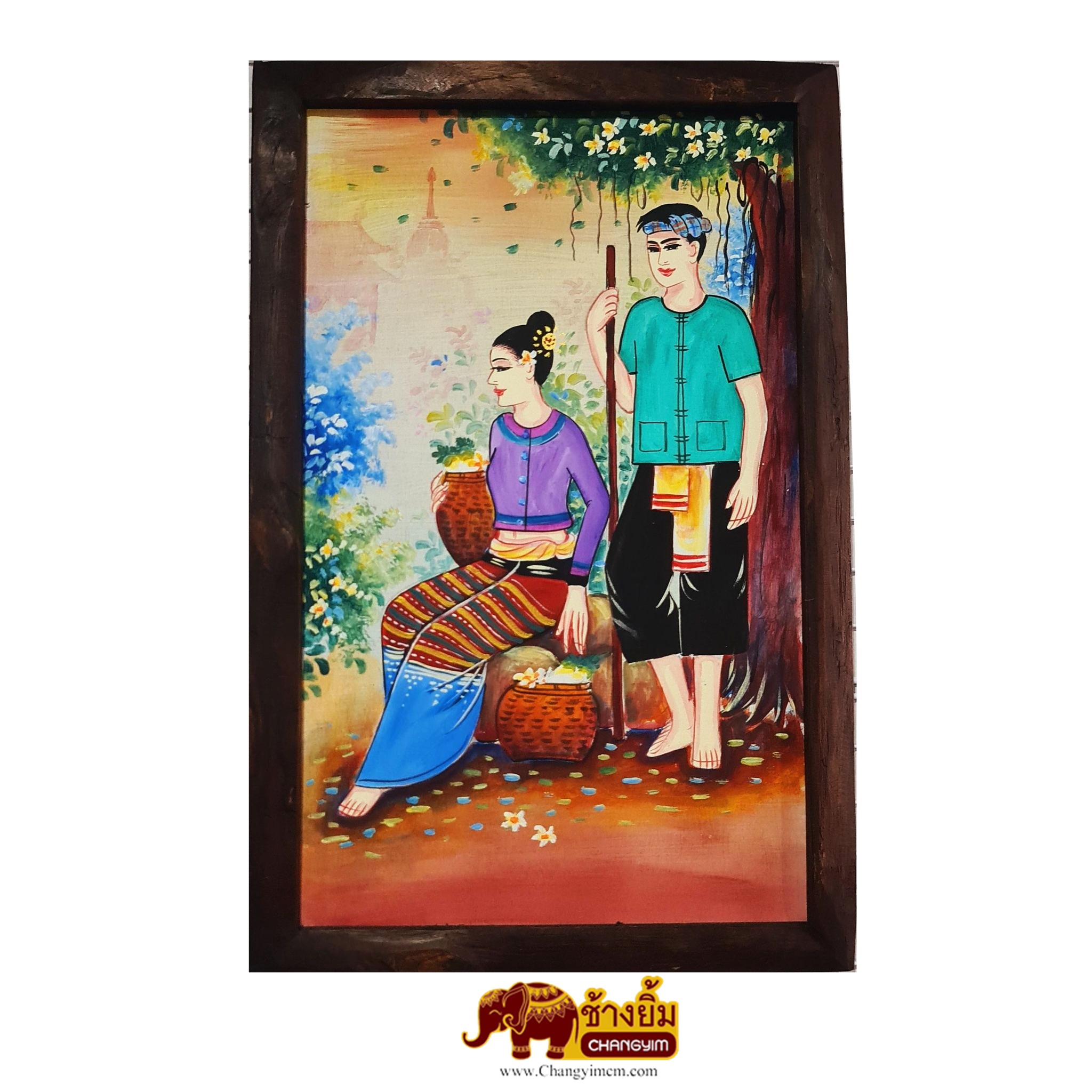 กรอบรูปไม้ ภาพวาดหญิงชายไทย 19 x 29 นิ้ว